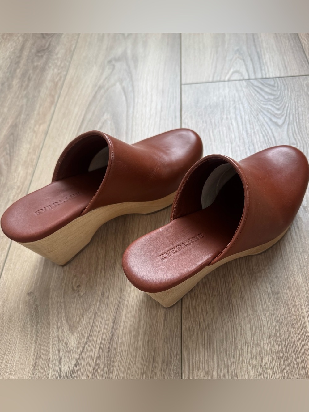 Everlane Cognac Leather Clog Mules with Wooden Heel